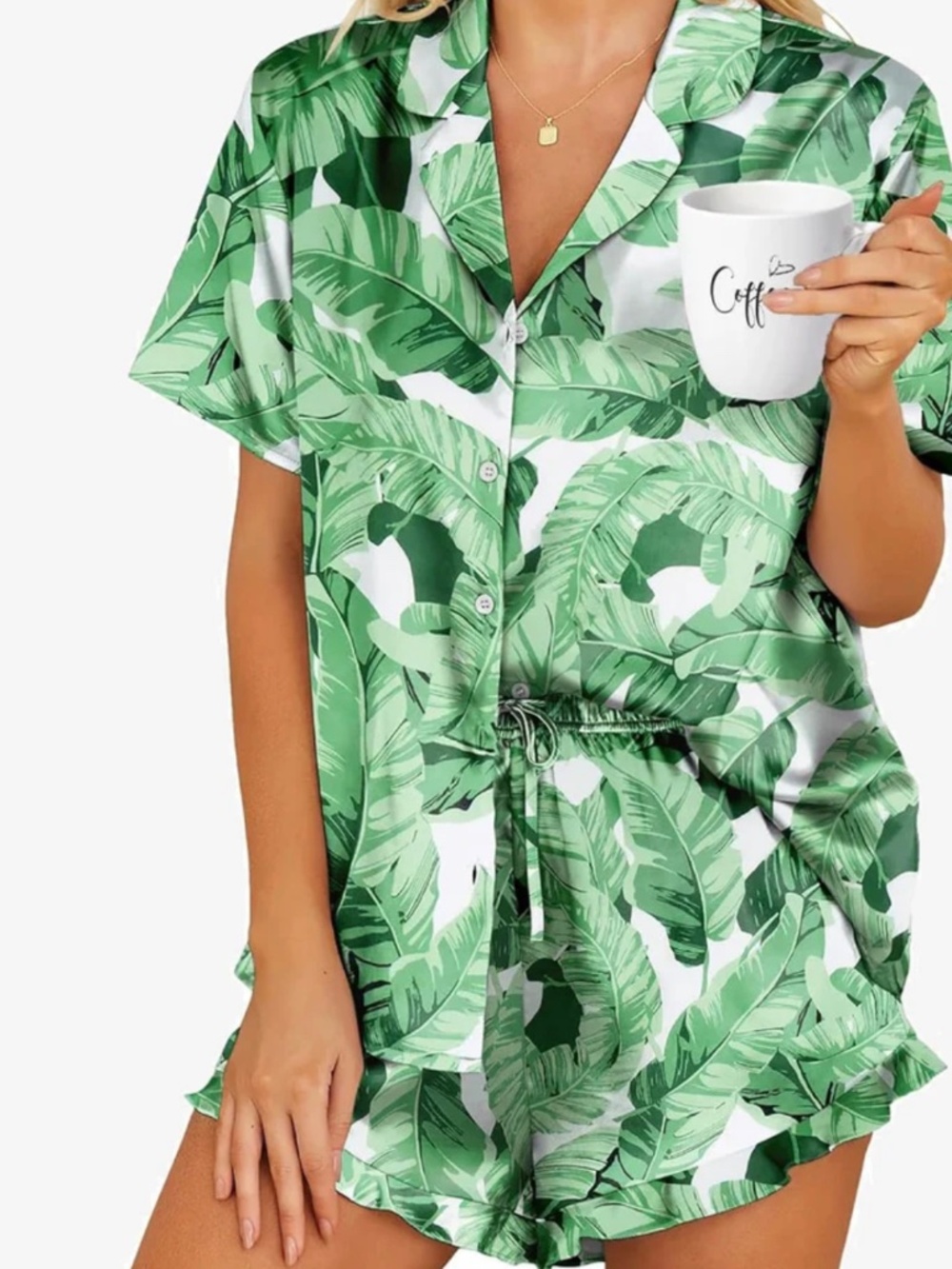 Teddy Satin Pajamas Set 2 PC Green Floral Sz Large
